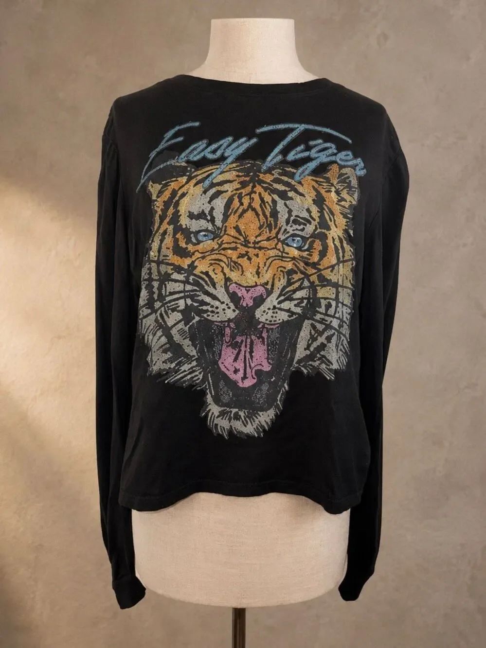 Recycled Karma Size M Easy Tiger Puff Sleeve Graphic Tee Black Cropped Cotton